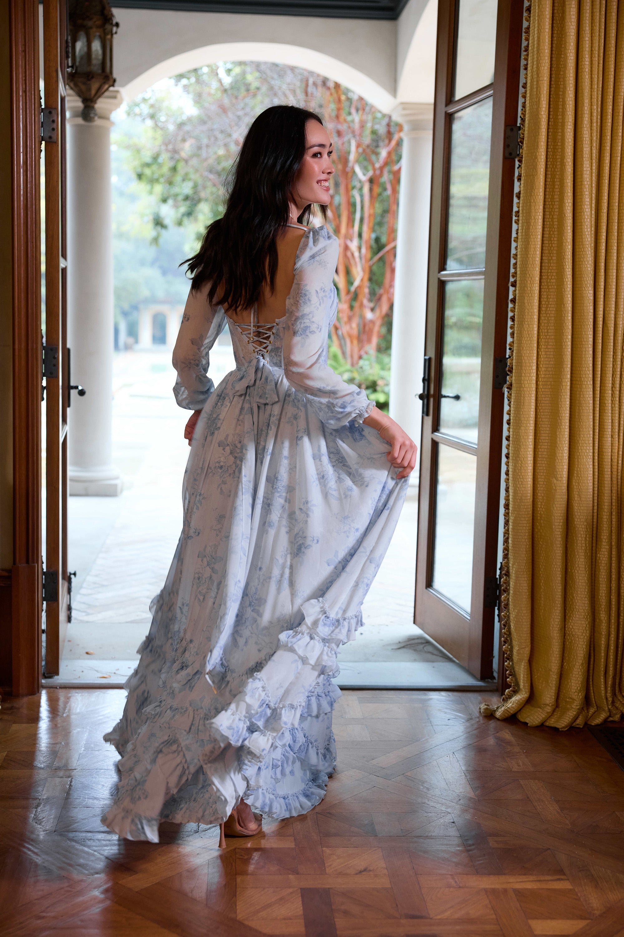 The Carmella Dress in Blue Tapestry Rose
