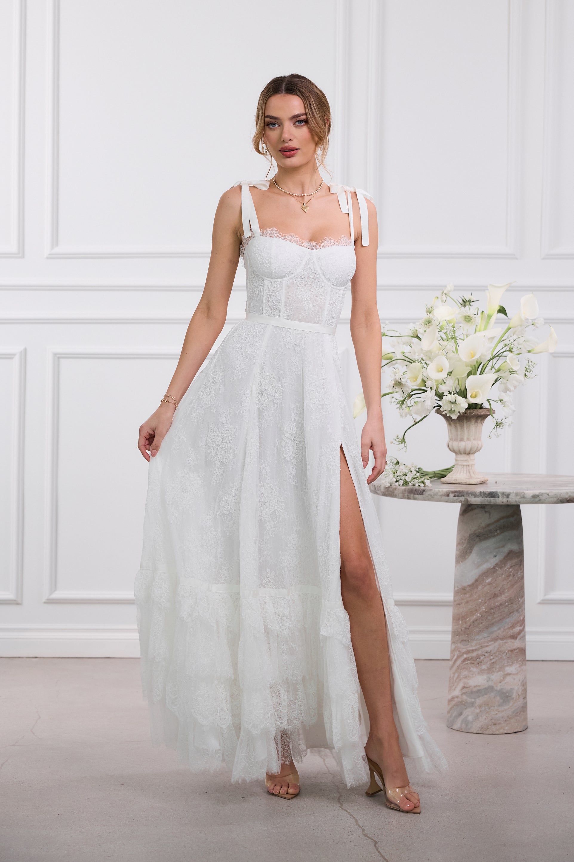 The Harmony Dress in White Chantilly Lace