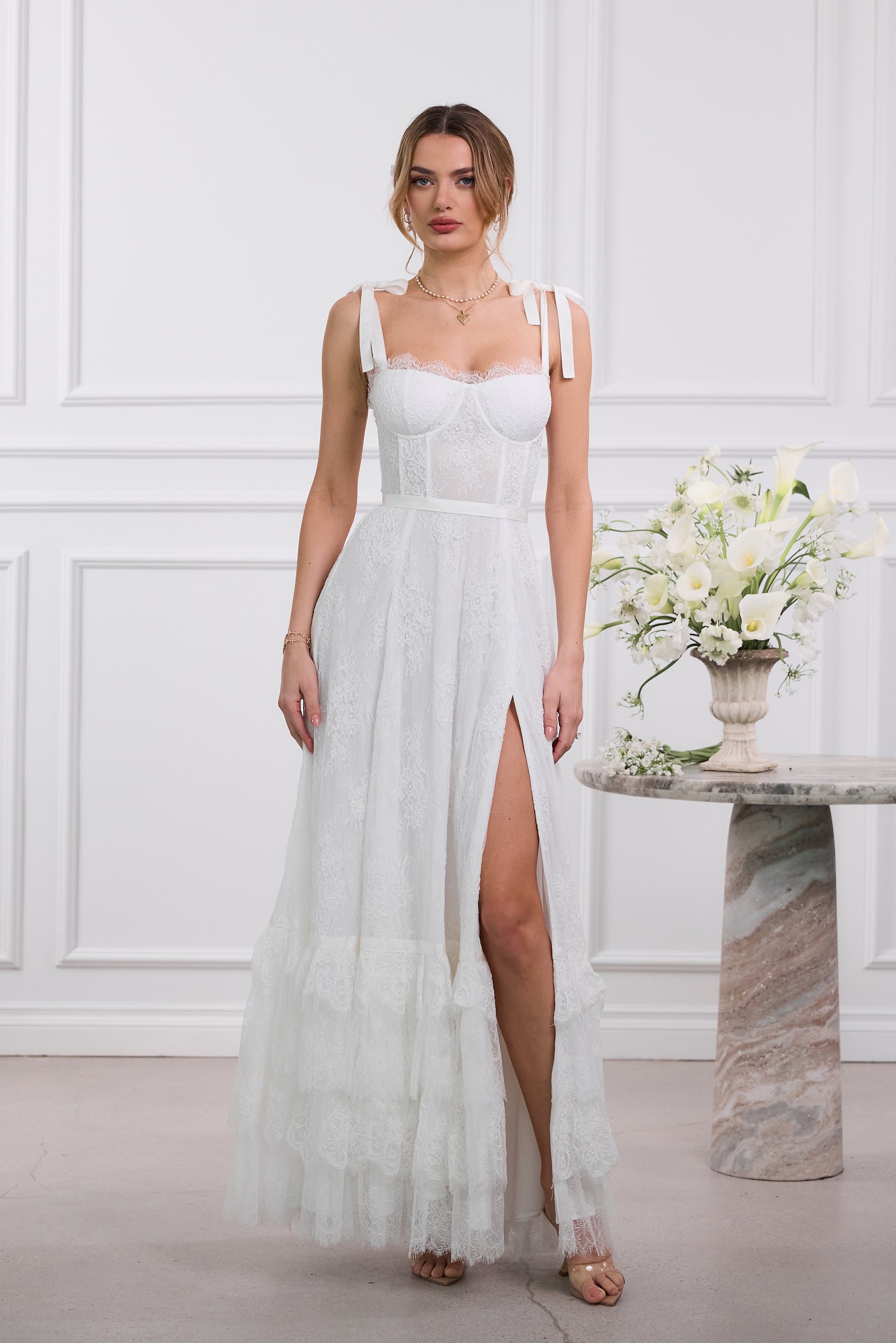 The Harmony Dress in White Chantilly Lace