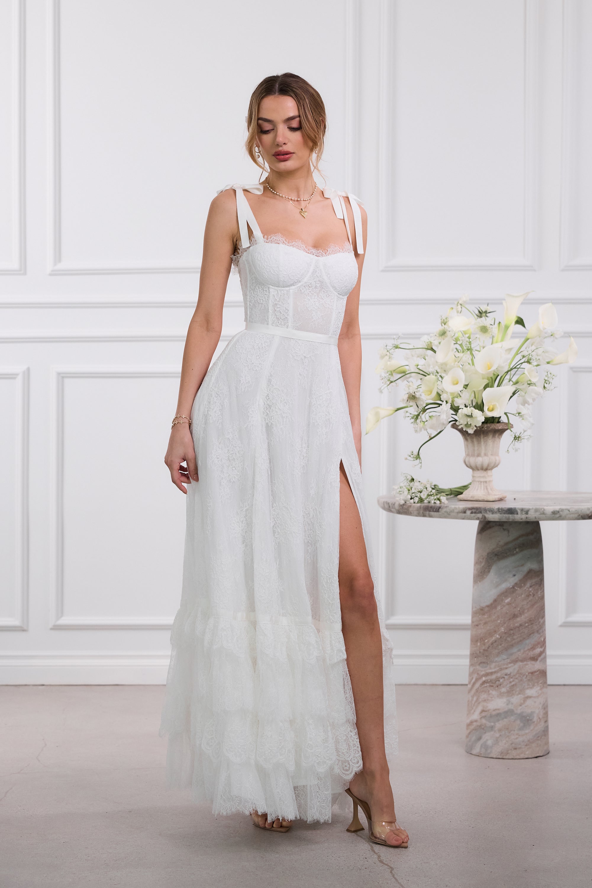 The Harmony Dress in White Chantilly Lace