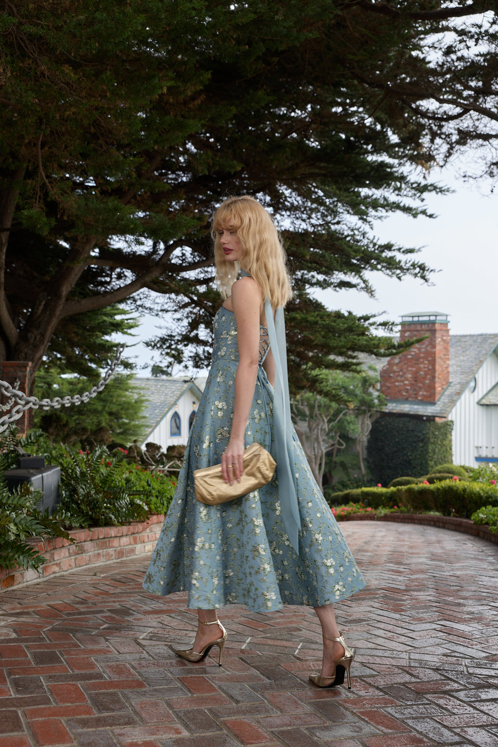 The Hazel Dress in Slate Blue Cheverny Brocade