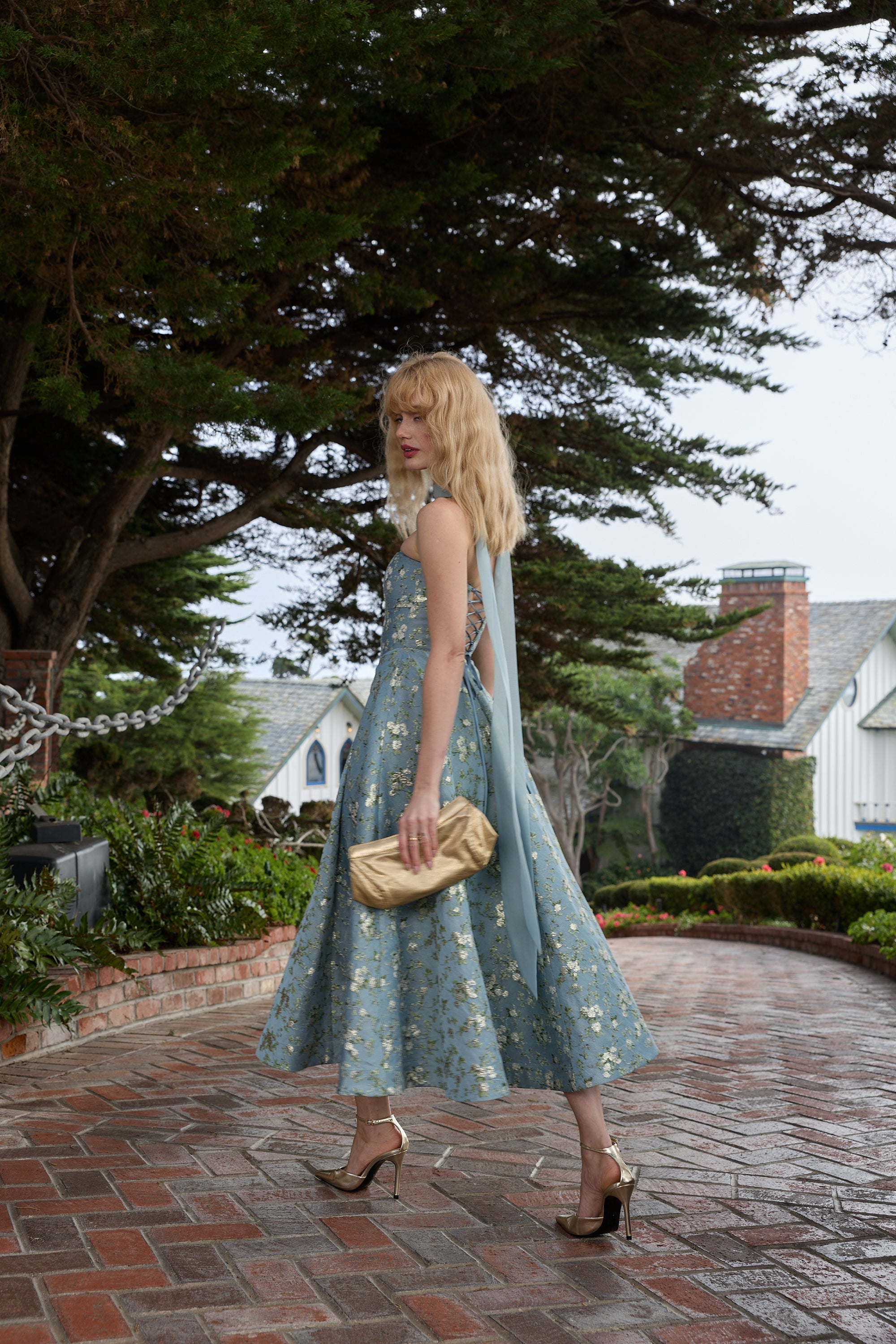 The Hazel Dress in Slate Blue Cheverny Brocade