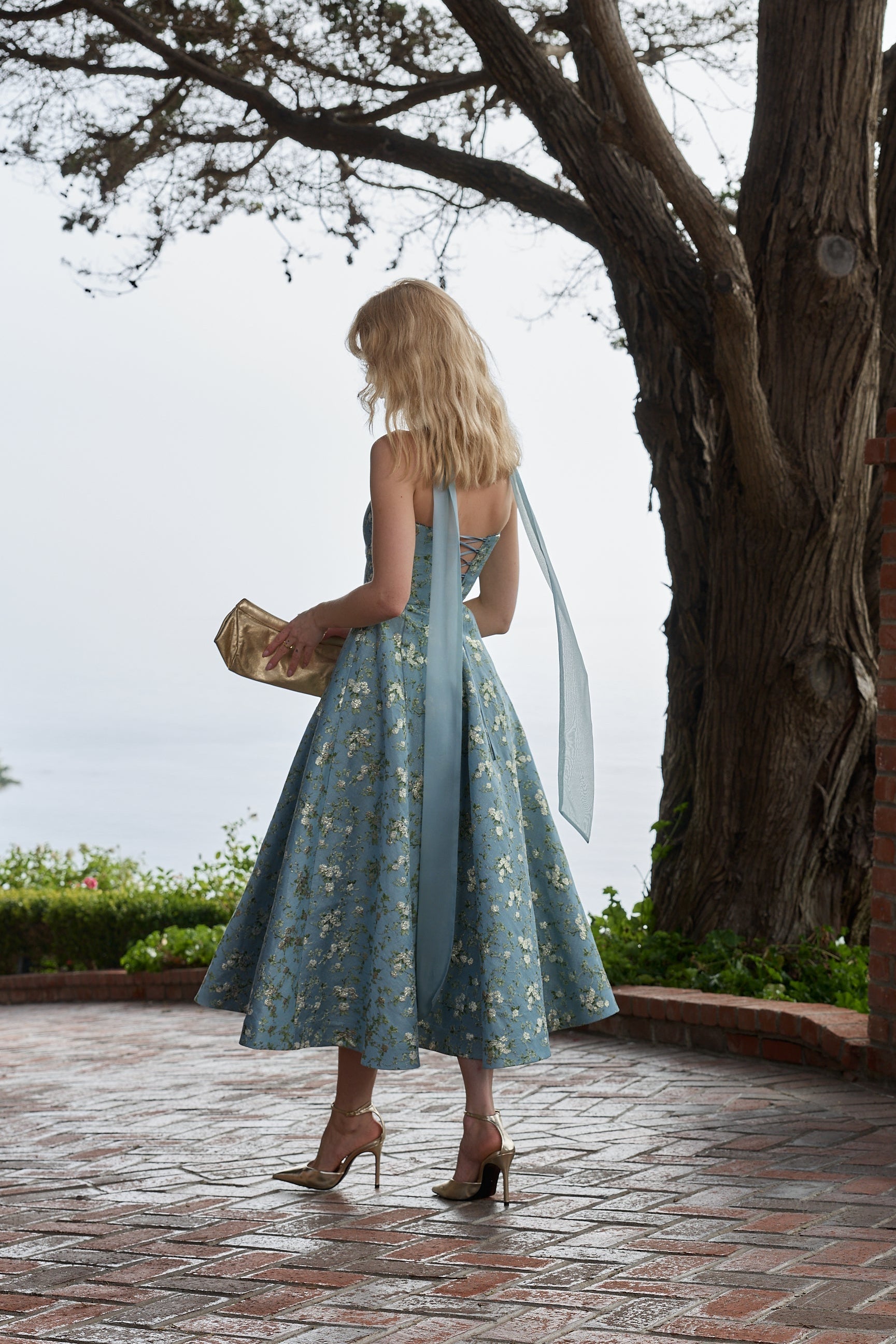 The Hazel Dress in Slate Blue Cheverny Brocade