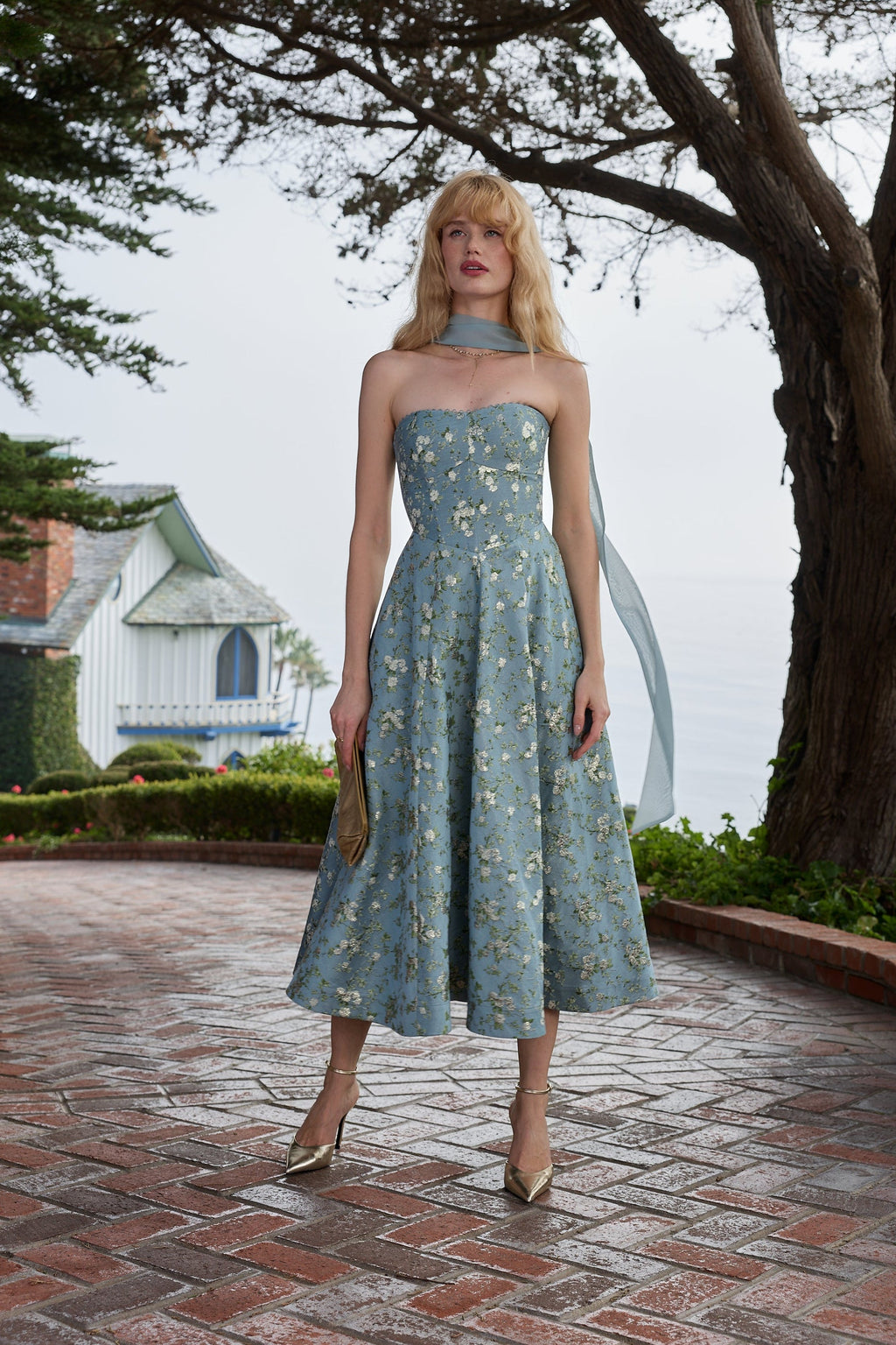 The Hazel Dress in Slate Blue Cheverny Brocade