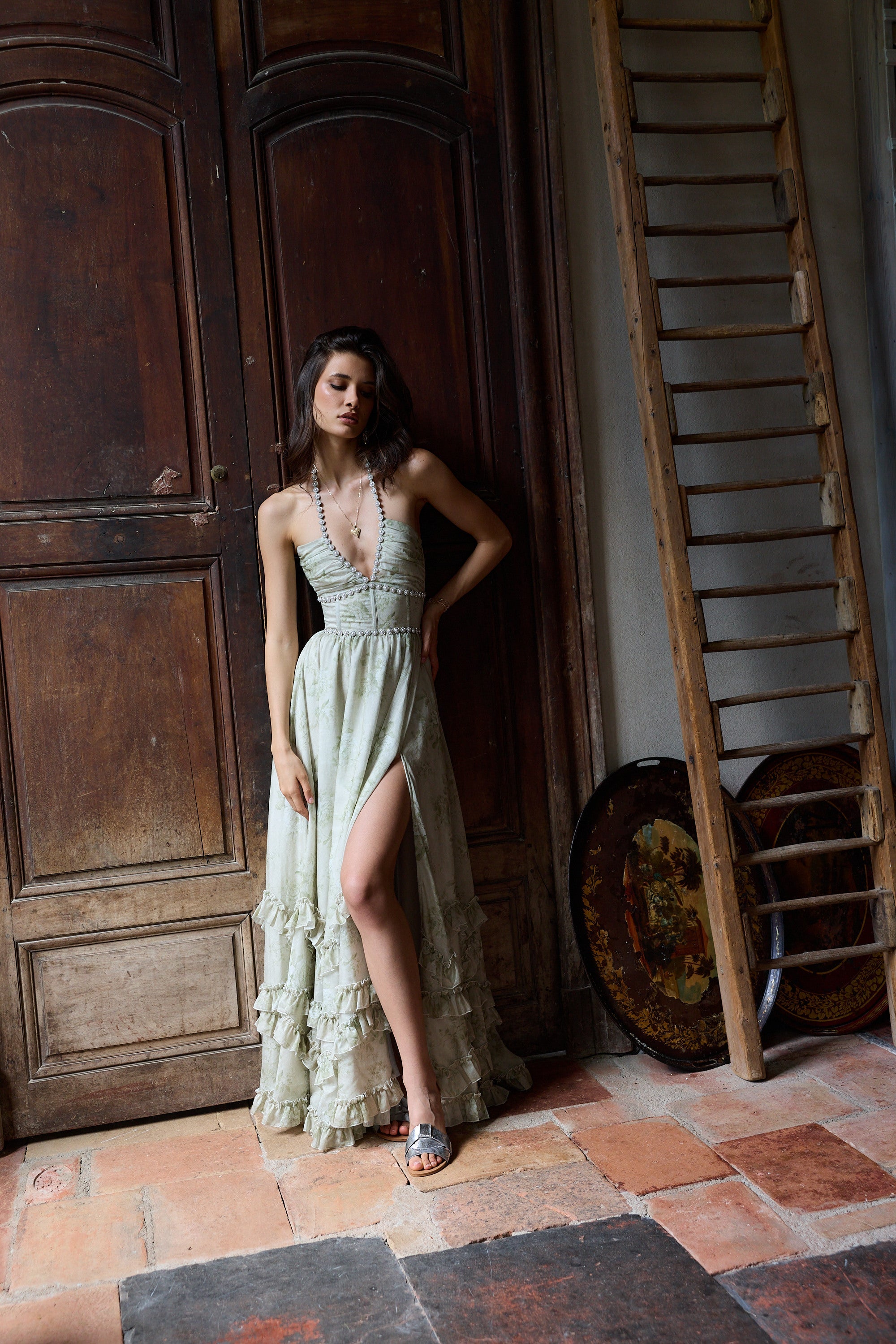 The Scarlette Dress in Sage Tapestry