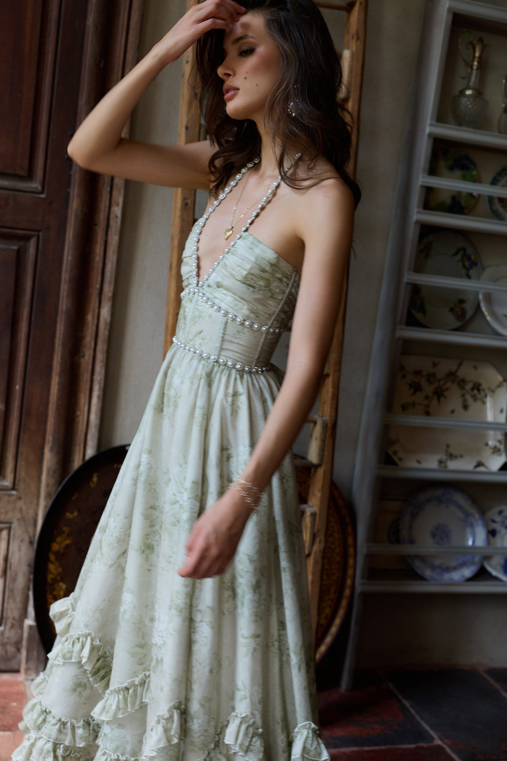 The Scarlette Dress in Sage Tapestry