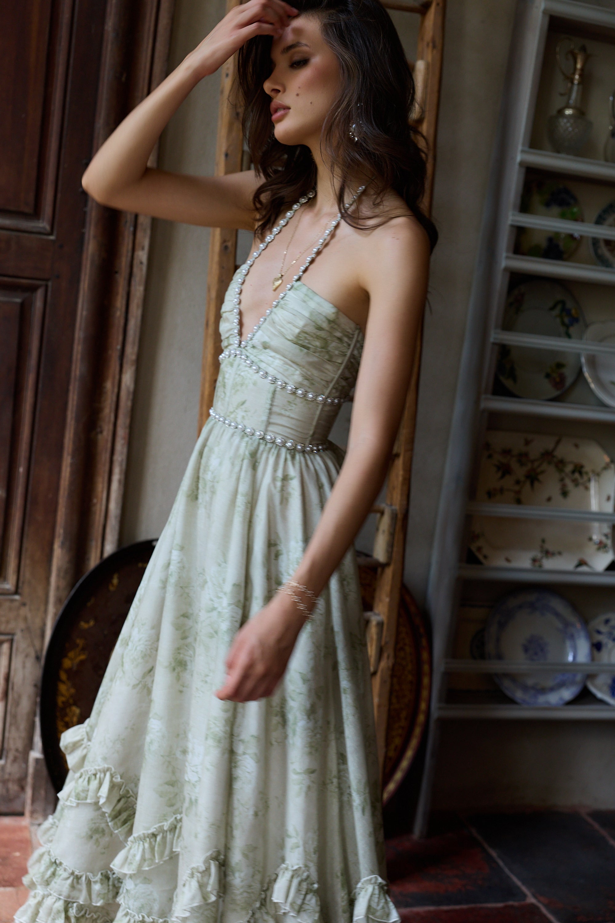 The Scarlette Dress in Sage Tapestry
