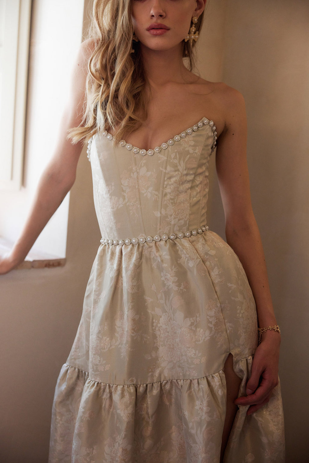 The Vivian Dress in Taupe Windsor Brocade