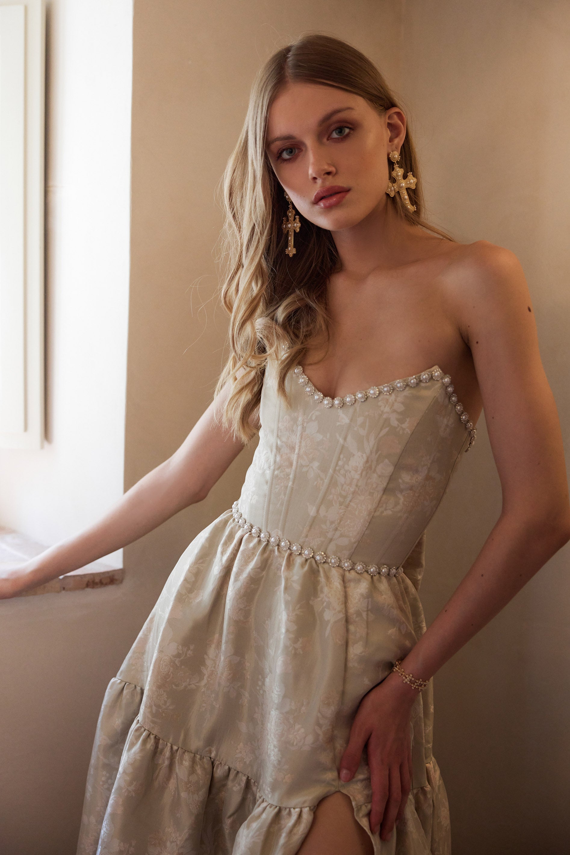 The Vivian Dress in Taupe Windsor Brocade
