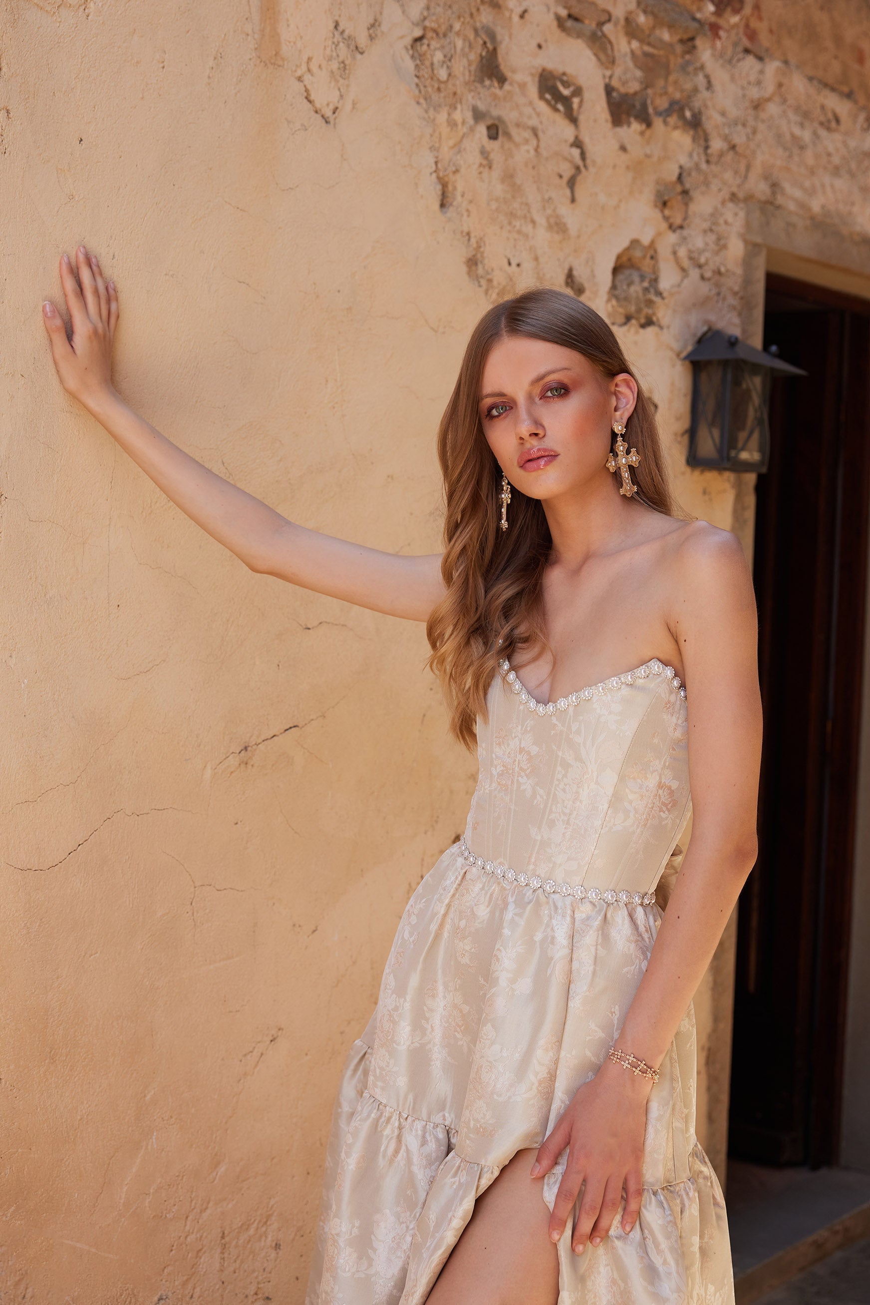 The Vivian Dress in Taupe Windsor Brocade
