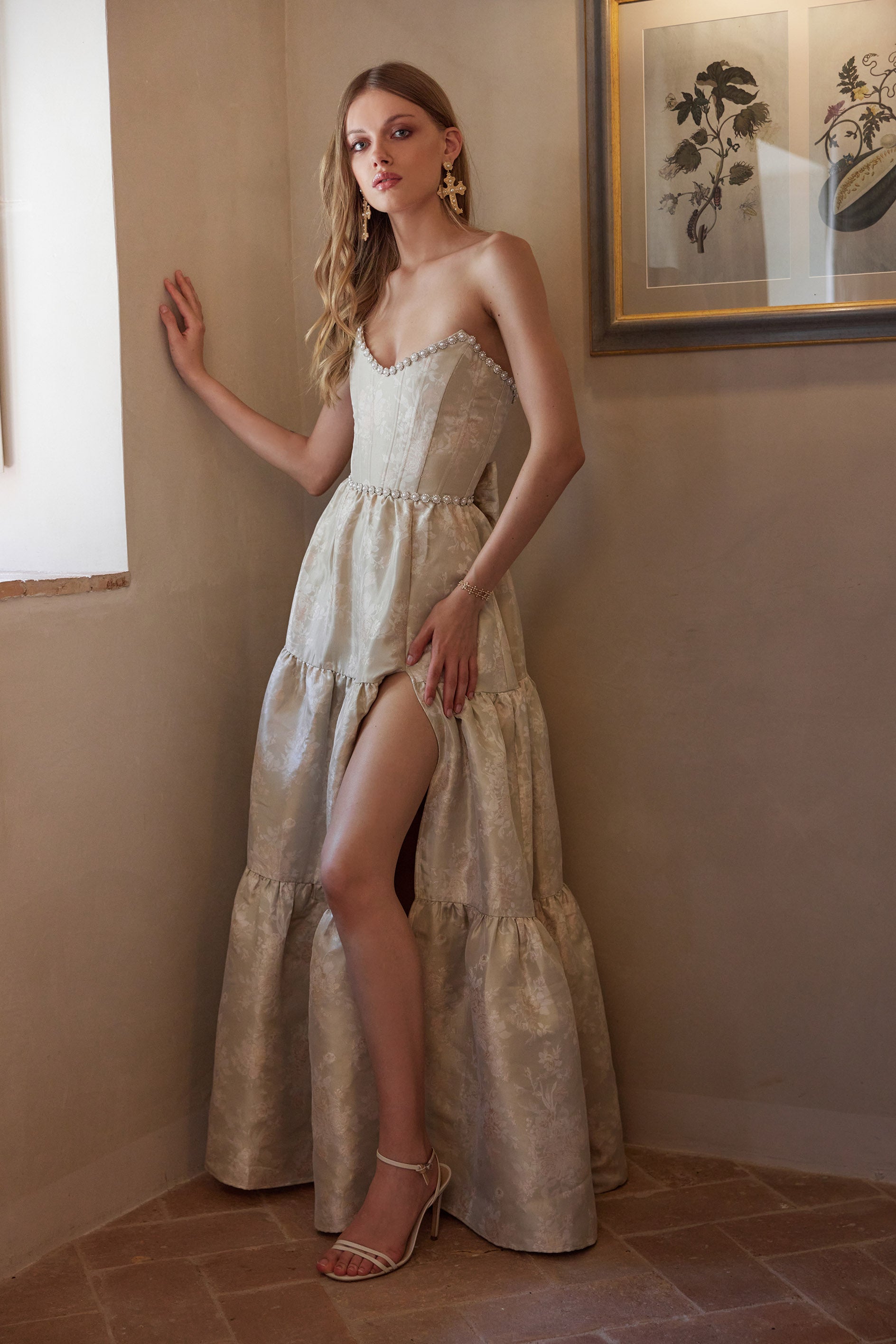 The Vivian Dress in Taupe Windsor Brocade