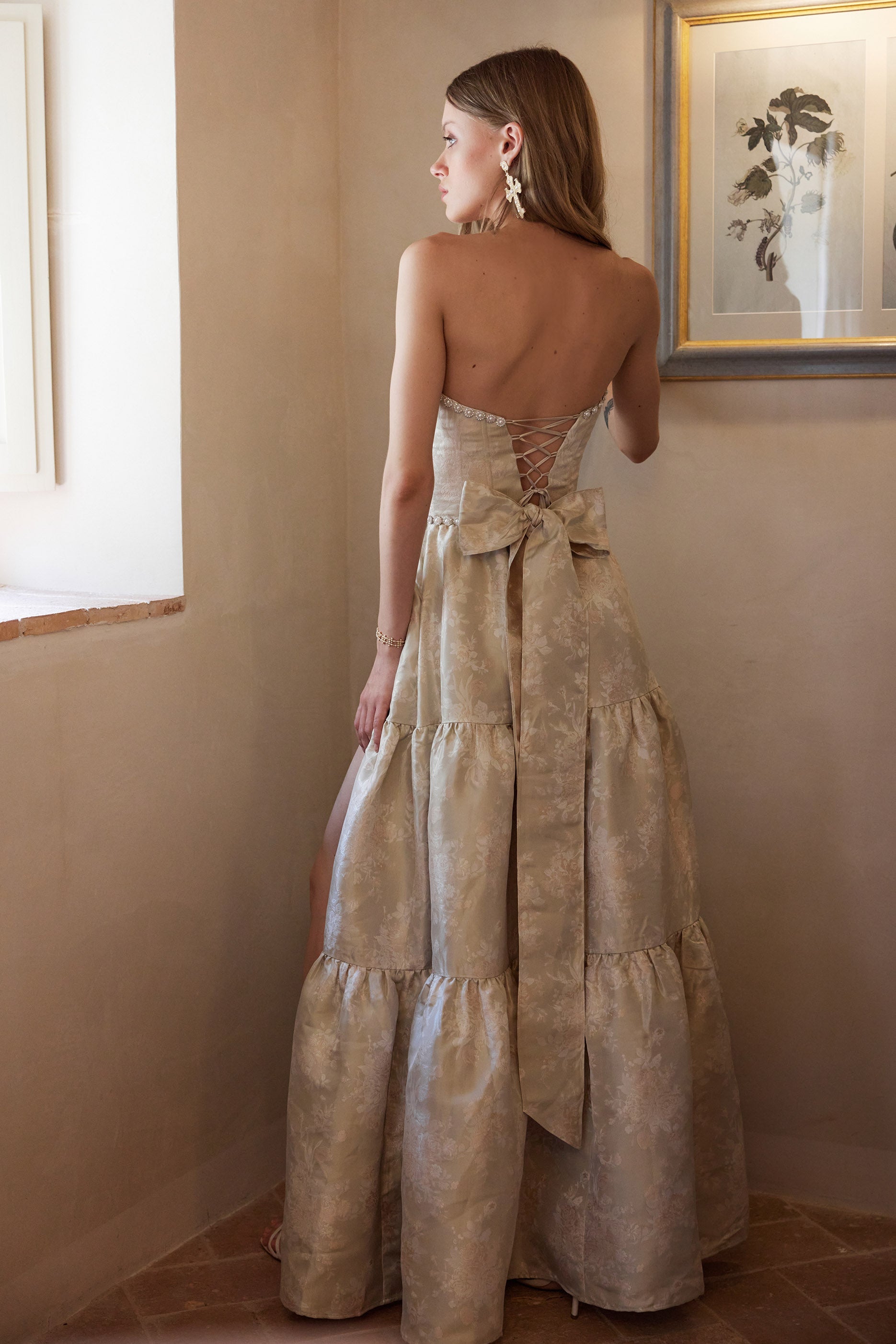 The Vivian Dress in Taupe Windsor Brocade
