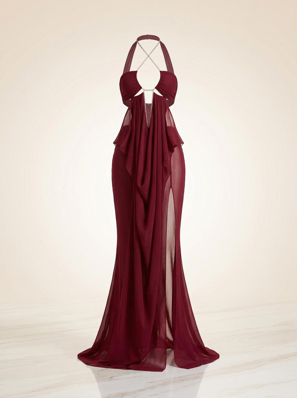 Burgundy Sheer Chiffon Halter Maxi Gown