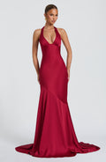 Sexy Halter Deep V Neck Solid Color Stitching Dress