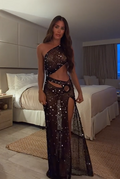 Sexy Oblique Shoulder Sequined Fishnet Dress