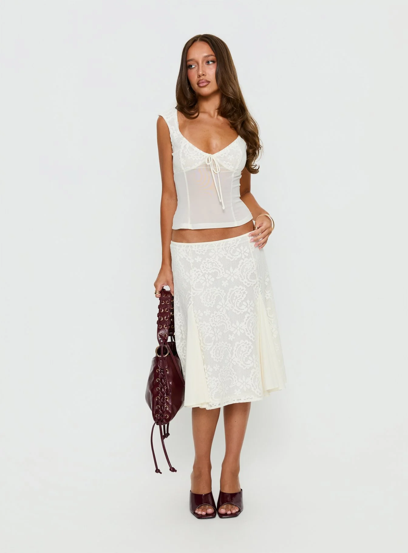 Gentle Style White Lace Patchwork Mesh Camisole Top + Midi Skirt Two-Piece Set