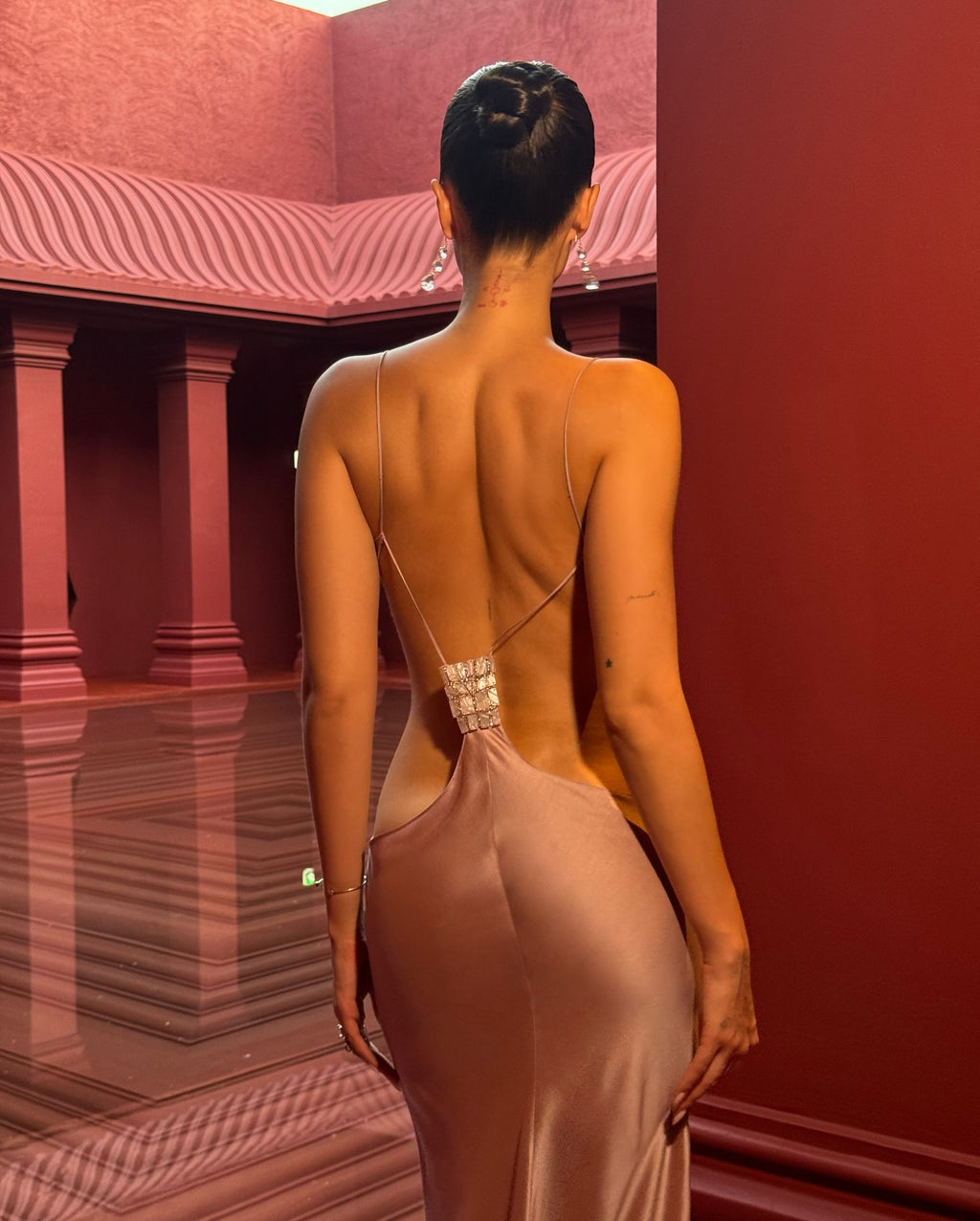 Dusty Rose Satin Beaded Cutout Maxi Gown