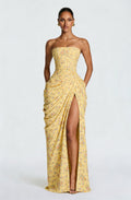 Butter Yellow Strapless Ruched Floral Print High-Slit Maxi Gown