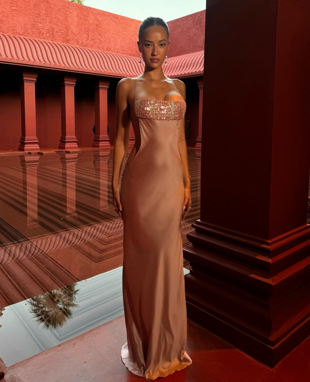 Dusty Rose Satin Beaded Cutout Maxi Gown