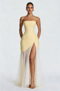 Butter Yellow Strapless Ruched High-Slit Tulle Maxi Gown