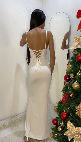 Sexy Sling Deep V Neck Solid Color Slim Dress