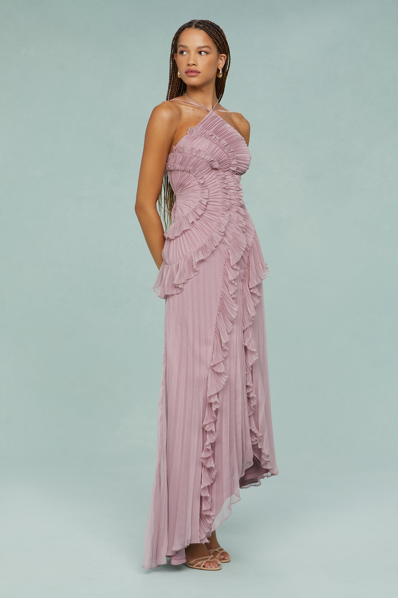 Pleated Frill Halter Neck Midi Dress