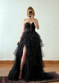 Sexy Sleeveless Cold-Shoulder Lace Tube Top High Slit Dress