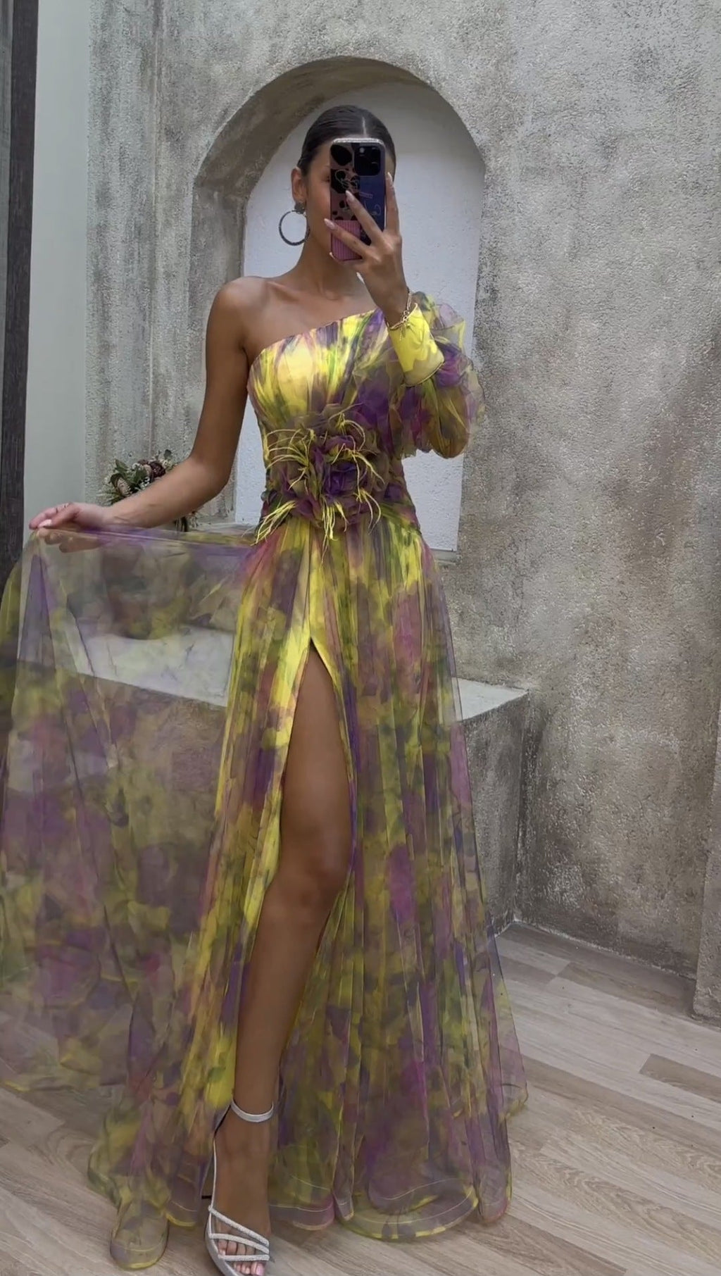 Sexy Oblique Shoulder One-Shoulder Long Sleeve Floral Yarn Dress