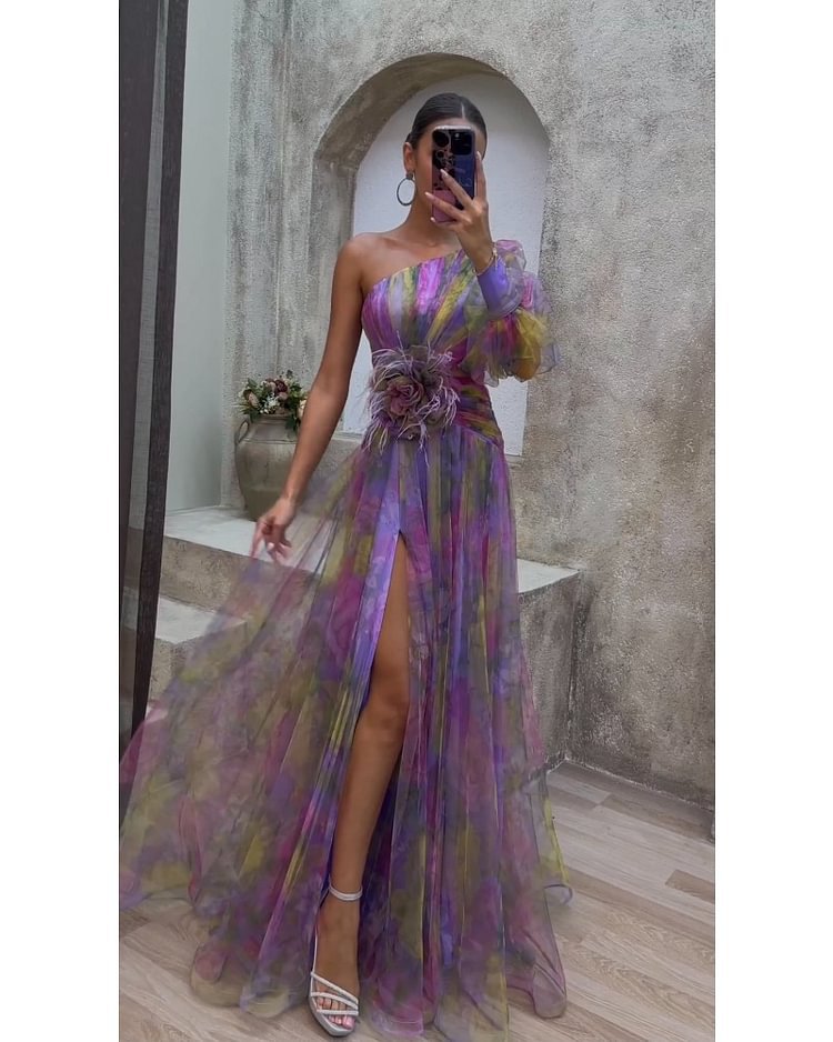 Sexy Oblique Shoulder One-Shoulder Long Sleeve Floral Yarn Dress