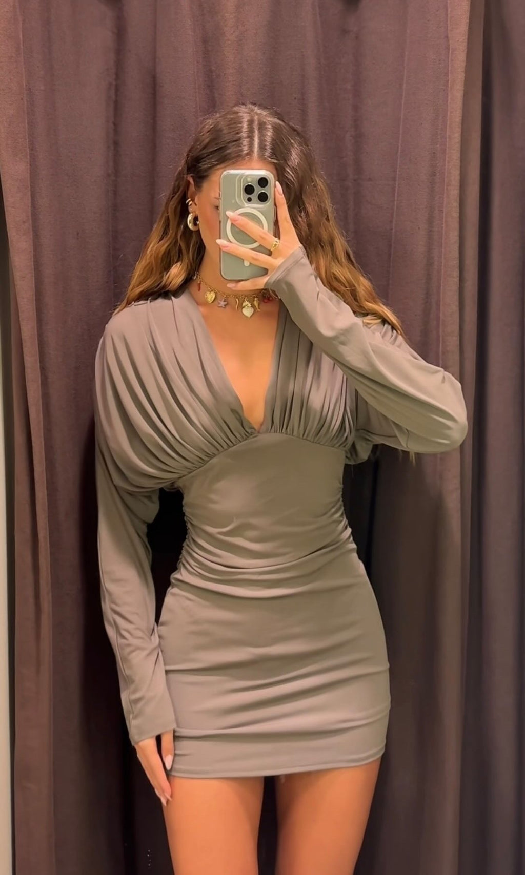 Sexy Long Sleeve Deep V Pleated Slim Fit Mini Skirt