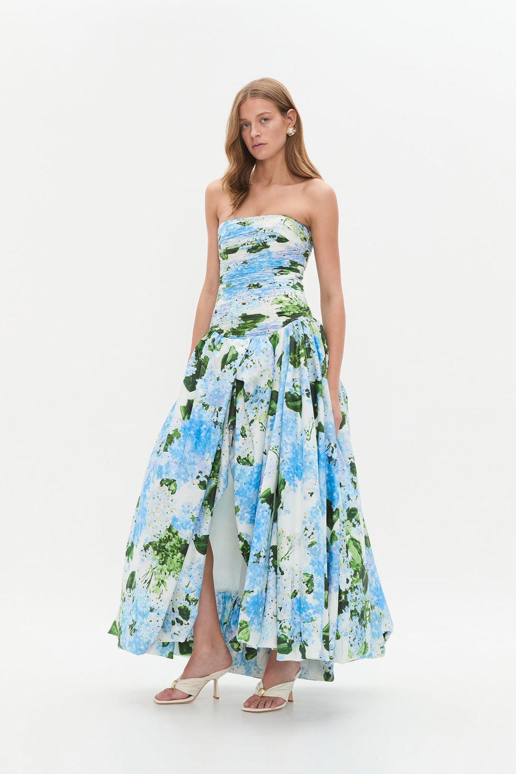 Strapless Hydrangea Floral Print High-Slit Maxi Gown