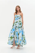 Strapless Hydrangea Floral Print High-Slit Maxi Gown