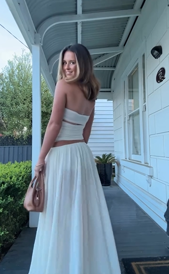Off-White 3D Decor Halter Backless Ruched Top & Flowy Maxi Skirt Vacation Two-Piece Set