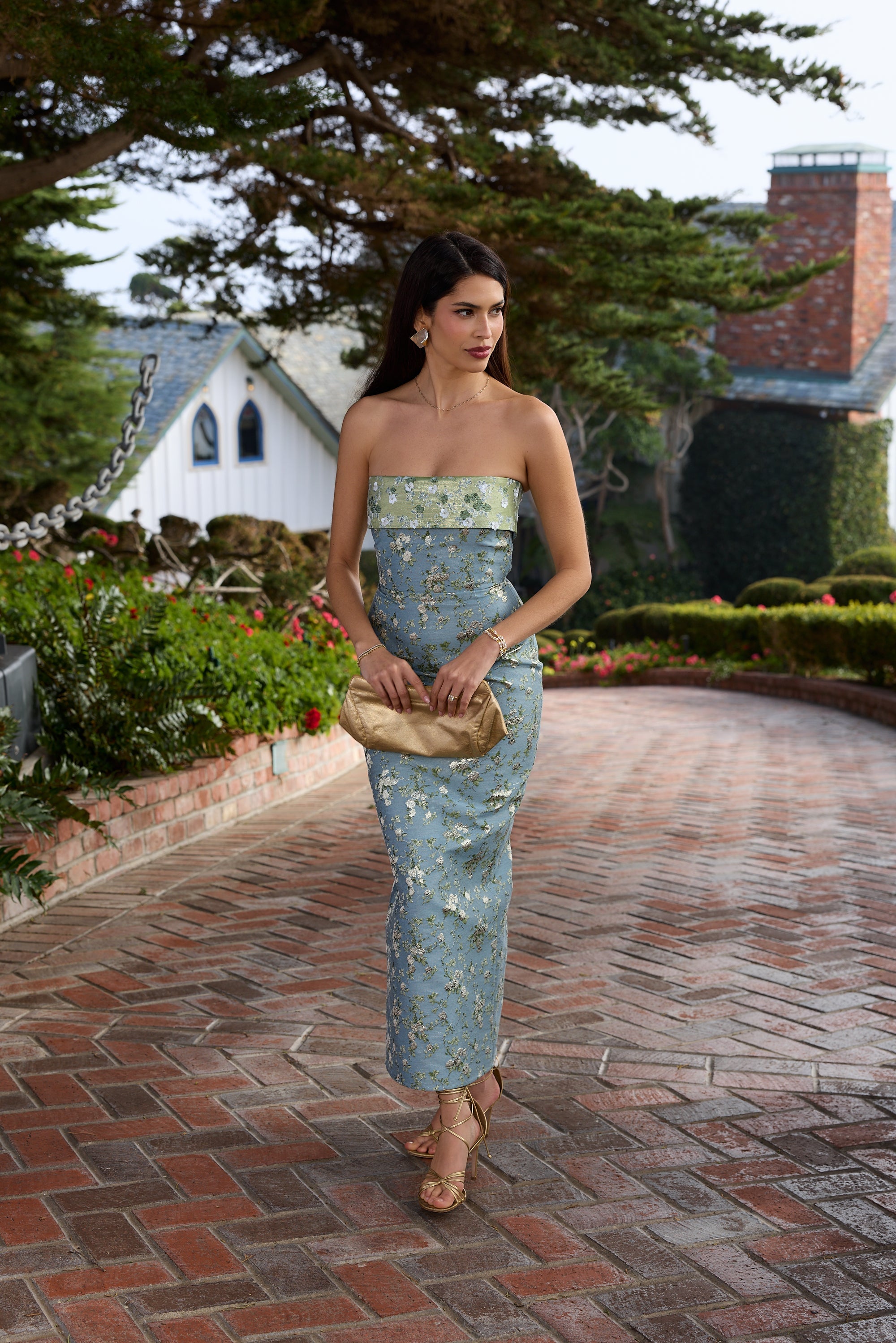 The Kennedy Dress in Slate Blue Cheverny Brocade - PRE-ORDER
