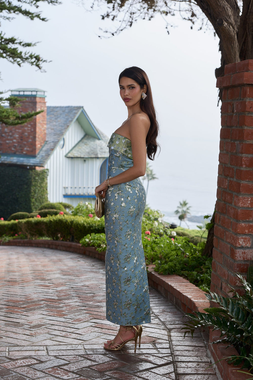 The Kennedy Dress in Slate Blue Cheverny Brocade - PRE-ORDER